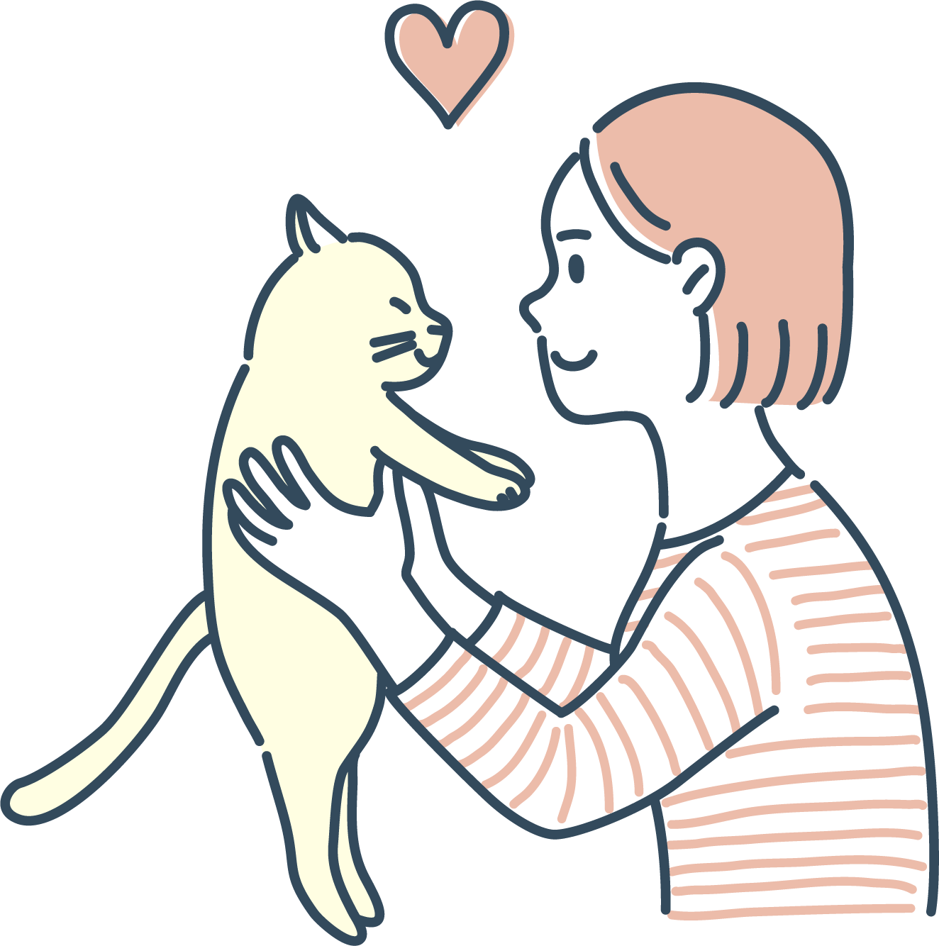 猫を抱きあげて見つめる女性