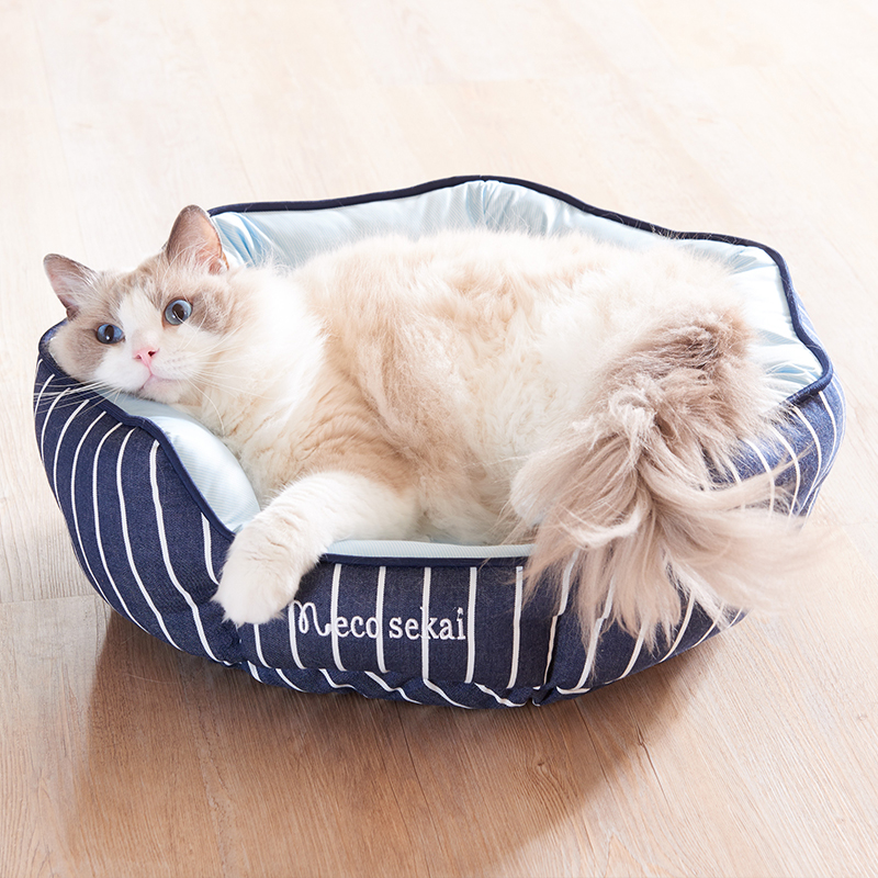 接触冷感＆デニムストライプ キャットラウンドベッド